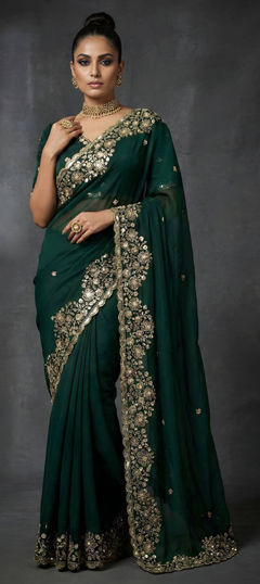 Green color Saree in Satin Silk fabric with Embroidered, Sequence work