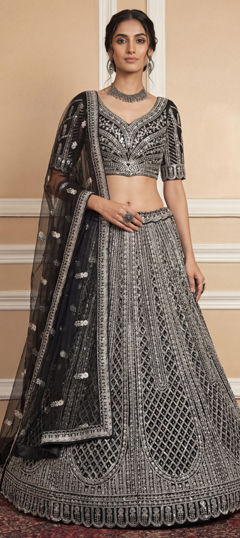 Black and Grey color Lehenga in Net fabric with Embroidered, Sequence, Thread work