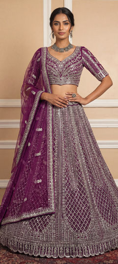 Purple and Violet color Lehenga in Net fabric with Embroidered, Sequence, Thread work