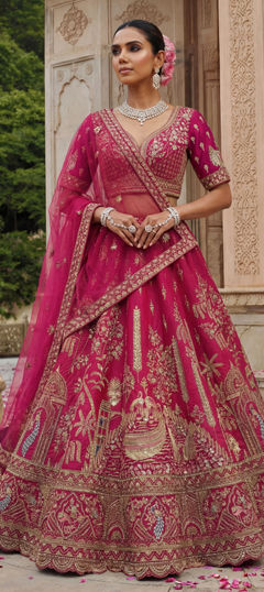 Pink and Majenta color Lehenga in Silk fabric with Embroidered, Stone, Thread, Zari work