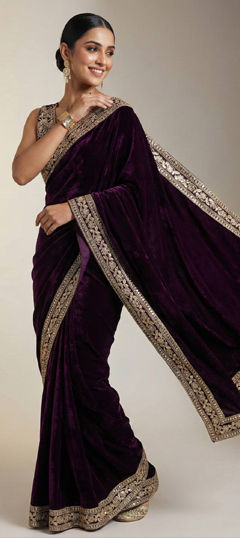 Purple and Violet color Saree in Velvet, Viscose fabric with Embroidered, Thread, Zari work
