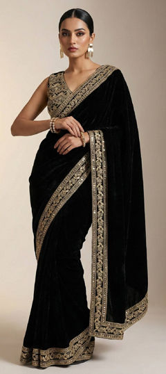 Black and Grey color Saree in Velvet, Viscose fabric with Embroidered, Thread, Zari work