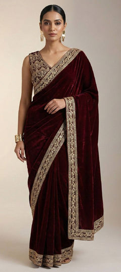 Red and Maroon color Saree in Velvet, Viscose fabric with Embroidered, Thread, Zari work