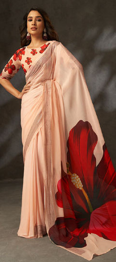 Orange color Saree in Georgette fabric with Printed, Sequence work