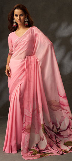 Pink and Majenta color Saree in Georgette fabric with Printed, Sequence work