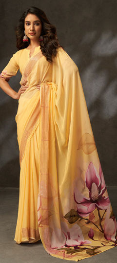 Yellow color Saree in Georgette fabric with Printed, Sequence work