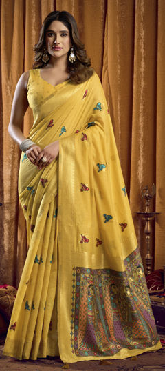 Yellow color Saree in Cotton fabric with Weaving work