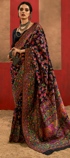 Black and Grey color Saree in Cotton fabric with Printed, Weaving work