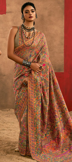 Beige and Brown color Saree in Cotton fabric with Printed, Weaving work