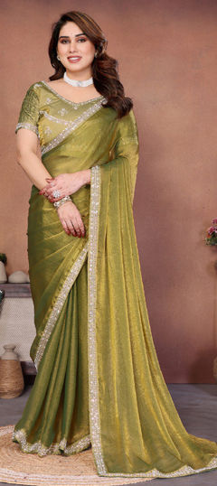 Green color Saree in Chiffon fabric with Embroidered, Lace work