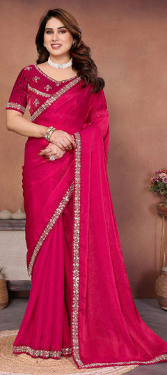 Pink and Majenta color Saree in Chiffon fabric with Embroidered, Lace work