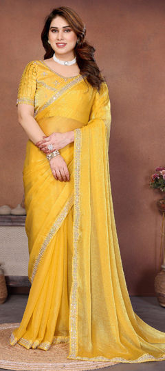 Yellow color Saree in Chiffon fabric with Embroidered, Lace work