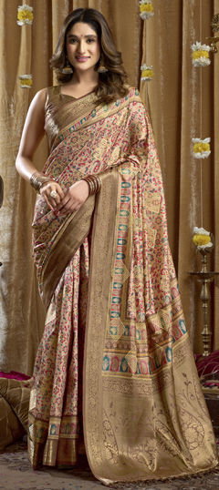 Beige and Brown color Saree in Silk fabric with Printed, Weaving work