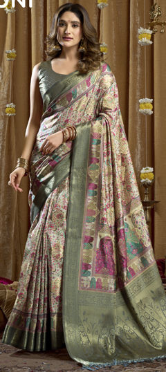 Green color Saree in Silk fabric with Printed, Weaving work