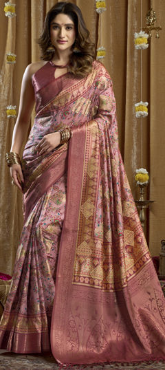 Pink and Majenta color Saree in Silk fabric with Printed, Weaving work