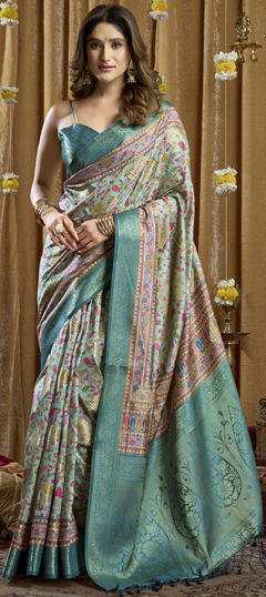 Blue color Saree in Silk fabric with Printed, Weaving work