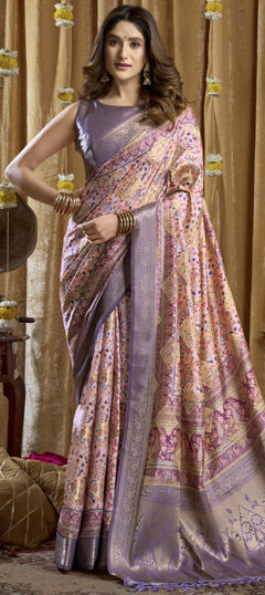 Purple and Violet color Saree in Silk fabric with Printed, Weaving work