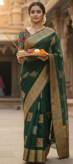 Green color Saree in Art Silk fabric with Weaving, Zari work