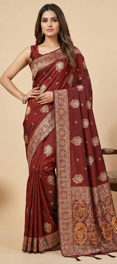 Red and Maroon color Saree in Art Silk fabric with Weaving, Zari work