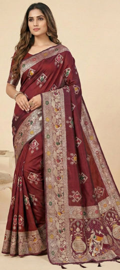 Red and Maroon color Saree in Art Silk fabric with Weaving, Zari work
