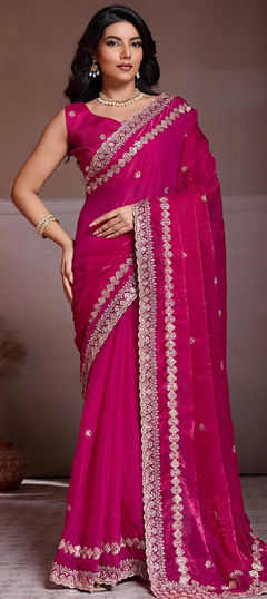 Pink and Majenta color Saree in Chiffon fabric with Embroidered work