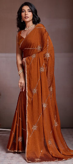 Beige and Brown color Saree in Crushed Silk fabric with Bugle Beads, Embroidered work