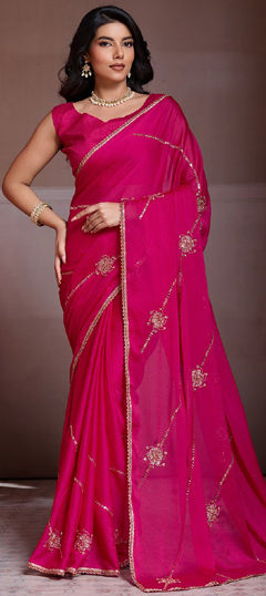 Pink and Majenta color Saree in Crushed Silk fabric with Bugle Beads, Embroidered work