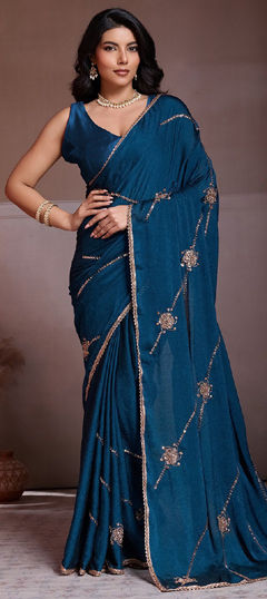 Blue color Saree in Crushed Silk fabric with Bugle Beads, Embroidered work