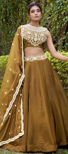 Beige and Brown color Lehenga in Silk fabric with Embroidered, Sequence, Thread work