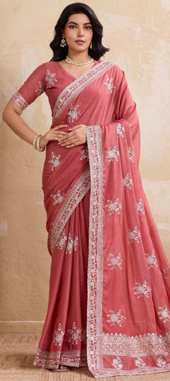 Pink and Majenta color Saree in Georgette fabric with Embroidered, Thread, Zari work