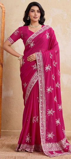 Pink and Majenta color Saree in Georgette fabric with Embroidered, Thread, Zari work