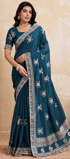 Blue color Saree in Georgette fabric with Embroidered, Thread, Zari work