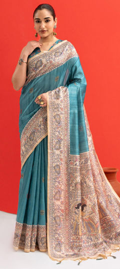Blue color Saree in Tussar Silk fabric with Printed work