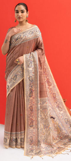 Beige and Brown color Saree in Tussar Silk fabric with Printed work