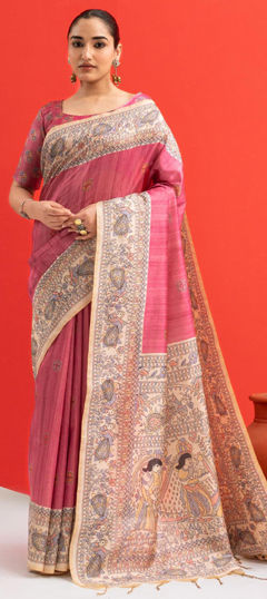 Pink and Majenta color Saree in Tussar Silk fabric with Printed work