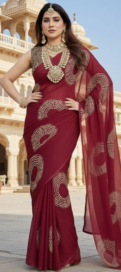 Red and Maroon color Saree in Georgette fabric with Printed work