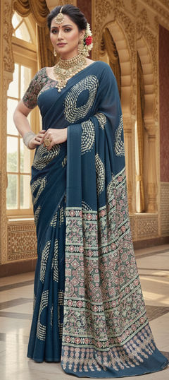 Blue color Saree in Georgette fabric with Printed work