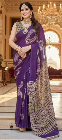 Purple and Violet color Saree in Georgette fabric with Printed work