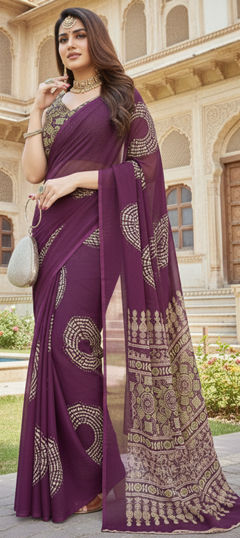 Purple and Violet color Saree in Georgette fabric with Printed work