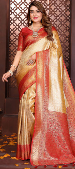 Beige and Brown, Red and Maroon color Saree in Banarasi Silk fabric with Weaving work