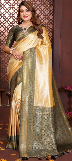Beige and Brown, Black and Grey color Saree in Banarasi Silk fabric with Weaving work