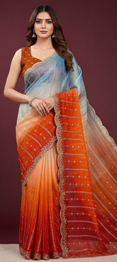 Multicolor color Saree in Satin Silk fabric with Embroidered, Sequence, Thread work