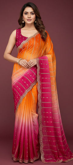 Multicolor color Saree in Satin Silk fabric with Embroidered, Sequence, Thread work
