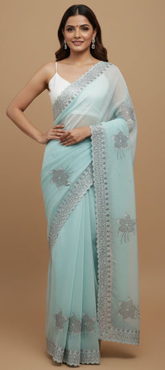 Blue color Saree in Satin Silk fabric with Stone work