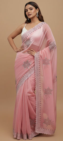 Pink and Majenta color Saree in Satin Silk fabric with Stone work
