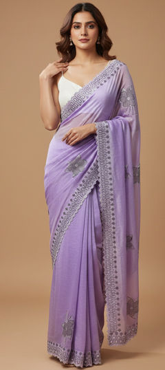 Purple and Violet color Saree in Satin Silk fabric with Stone work