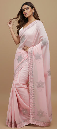 Pink and Majenta color Saree in Satin Silk fabric with Stone work