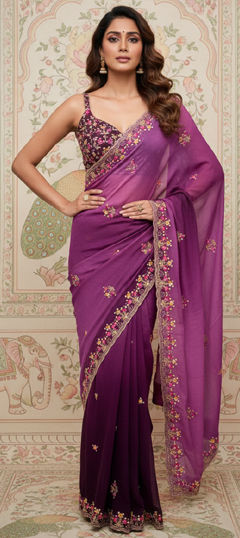 Pink and Majenta color Saree in Georgette fabric with Embroidered, Resham, Sequence, Thread work