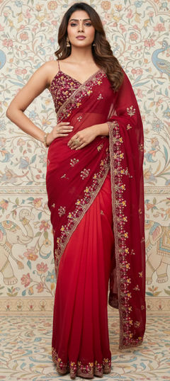 Red and Maroon color Saree in Georgette fabric with Embroidered, Resham, Sequence, Thread work