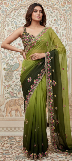 Green color Saree in Georgette fabric with Embroidered, Resham, Sequence, Thread work